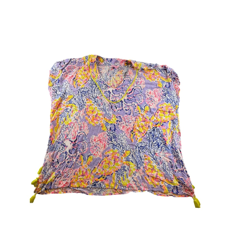 Lilly Pulitzer Purple Pink Yellow Sea Print Tassel Cover Up Top L/XL